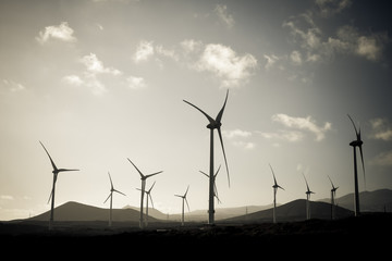 Landscape with wind turbines that produce electricity by rotating in the wind. Wind farm eco field. Eolic park with sky and clouds in background. Green, ecological and power energy generation concept.