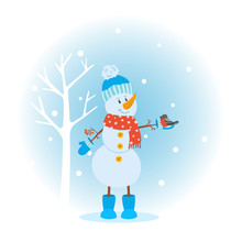 Cartoon Snowman With Bullfinch Bird. Cute Winter Christmas Card