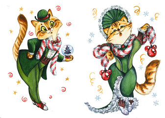 Christmas cats couple hand drawn watercolor illustration