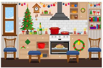 Wall Mural - Room prepared for the new year and Christmas. Studio apartment with combined living room and kitchen.