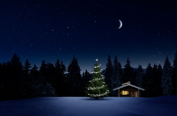 Poster - Weihnachtlich beleuchtete Hütte in Kalter Winternacht mit Sternenhimmel und Christbaum