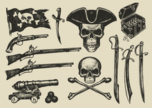 Vector Set Of Hand Drawn Illustrations On A Pirate Theme In Vintage Style. Skulls, Crossbones, Pirate Flag, Sabers, Swords, Ship Guns, Pistols, Treasure Chest And Other Design Elements.