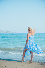 Pretty plus size nice young woman rest at sea, vacation and trip concept