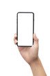 © Touchr - Male hand holding the black smartphone with blank screen isolated on white background with clipping path.