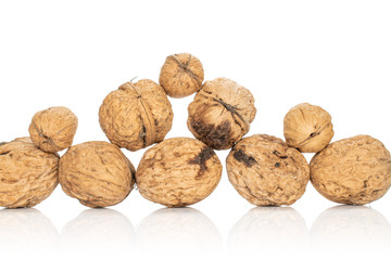 Lot of whole fresh brown walnut stack isolated on white background