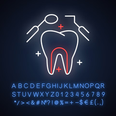 Canvas Print - Dental care neon light icon. Medical procedures. Dentistry. Tooth examination. Caries prevention. Toothache checkup. Glowing sign with alphabet, numbers and symbols. Vector isolated illustration