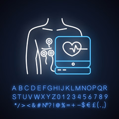 Poster - Electrocardiogram neon light icon. Heart disease examination. Pulse on screen. Cardiology, cardiograph. Medical procedure. Glowing sign with alphabet, numbers and symbols. Vector isolated illustration