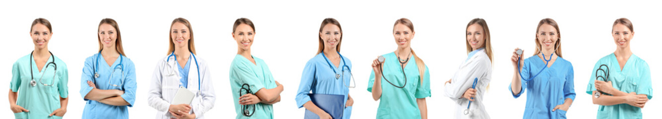 Canvas Print - Collage of female doctor with stethoscope on white background