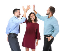 Young Business People Giving Each Other High-five On White Background