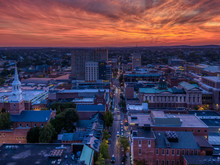 Downtown Area In Dramatic Sunset, Aerial View Of Lancaster, Pennsylvania