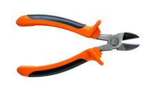 New wire cutters with orange black rubber handles isolated on white background. Electrician tool for repair and construction.