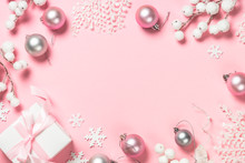 Christmas Present Box And Decorations On Pink Background.