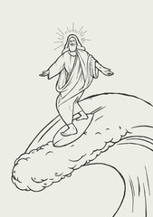 Wall Mural - Jesus Christ surfing on the big wave. Christian god tropical illustration print.