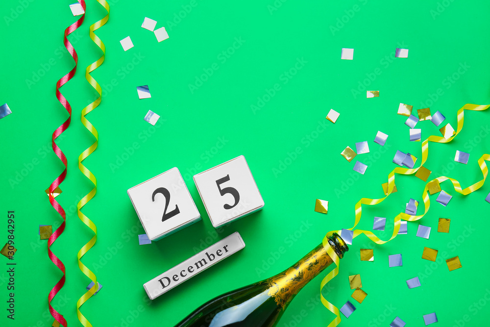 Calendar with date of Christmas on color background