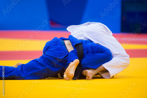 Dekoracja na wymiar  dwoch-zawodnikow-judo-w-bialo-niebieskich-mundurach