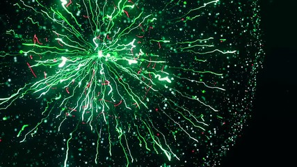 Poster - Abstract animation of electrostatic plasma sphere and beautiful zippers on the black background. Animation. Concept for power, electricity, science and physics.