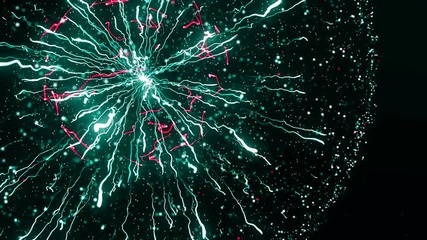 Poster - Abstract animation of electrostatic plasma sphere and beautiful zippers on the black background. Animation. Concept for power, electricity, science and physics.