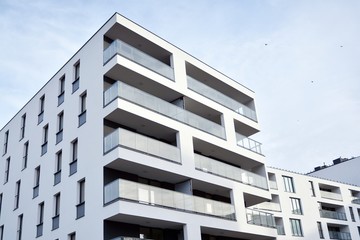 Modern and new apartment building. Multistoried modern, new and stylish living block of flats.