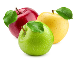 colorful apples, red green and yellow fruit, isolated on white background, clipping path, full depth of field