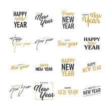 Happy New Year Typography Signs. Vector Lettering Compositions Collection. Set Of Holiday Design For Greeting Card.