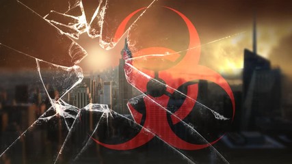 Canvas Print - post-apocalyptic bio hazard city 4k loop features a broken window with a bio hazard symbol on it wit