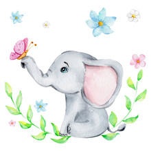 Cute Little Elephant With Pink Butterfly And Flowers; Watercolor Hand Draw Illustration; With White Isolated Background