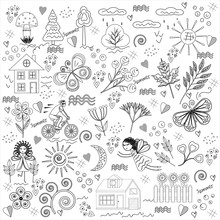 Nature In Doodle Style, Outline Black, Background White, Vector