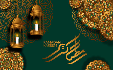 luxury geometrical mandala ornament decoration with hanging 3D golden fanoos arabian lantern with green background and calligraphy for ramadan kareem