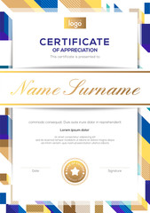 Wall Mural - modern luxury certificate of completion template with gold and blue abstract cube shape graphic background