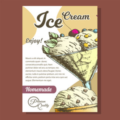 Poster - Glass With Fruit Scoop Ice Cream Banner Vector. Homemade Tasty Frozen Milk Dessert Ice Cream In Cup Decorated Cherry, Berries Mint Leaves And Cookies Concept. Designed Template Colorful Illustration