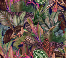 Tropical Pattern With Clouded Leopard And Tropical Flowers. Seamless Pattern With Orchids And Wild Cat.