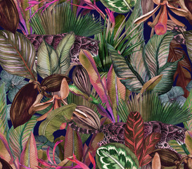 Tropical pattern with clouded leopard and tropical flowers. Seamless pattern with orchids and wild cat.