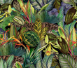 Leinwandbild Motiv Tropical pattern with clouded leopard and tropical flowers. Seamless pattern with orchids and wild cat.