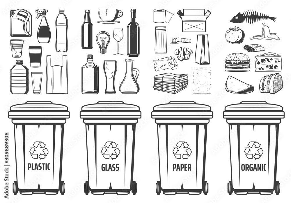 Trash recycling bins icons, plastic, glass or paper and organic wastes PET symbols. Vector recycle bin containers with food wastes and reusable litter, garbage segregation and environment conservation - obrazy, fototapety, plakaty 