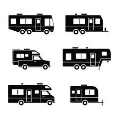 Auto RVs, Camper vans / Camping cars, Truck Trailers, recreational types vehicles icons, simple flat design for app, ui, ux, web, button, interface pictogram elements isolated on white background