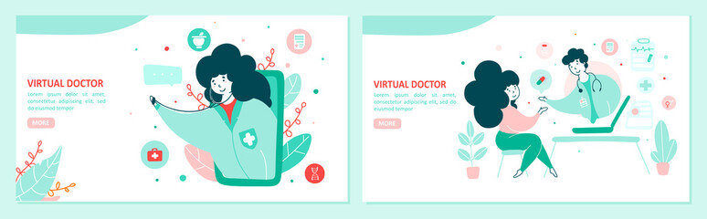 Virtual doctor landing page flat vector template set