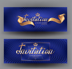 Invitation cards with textured background, gold design elements and gold letters. Vector illustration