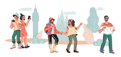 Tourism and traveling banner with people characters traveling and sightseeing, cartoon vector illustration isolated. vacation adventure and international trip, famous tourists landmarks visiting.