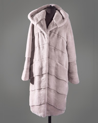 Light mink coat straight cut with a hood and transverse stripes and flared sleeves. Vertical frame