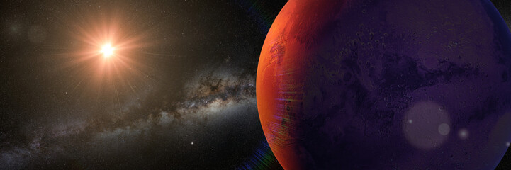 Wall Mural - planet mars with sun and milky way galaxy, sunrise on the red planet