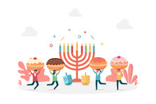Concept Of Hanukkah Holiday Celebration With Happy Tiny People Holding Doughnuts Near Menorah, Flat Vector Illustration For Web, Landing Page, Ui, Banner, Editorial, Mobile App And Flyer.