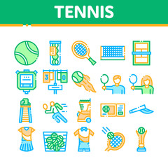 Aufkleber - Tennis Game Equipment Collection Icons Set Vector Thin Line. Racket And Tennis Field, Cup And Tracksuit, Ball Basket And Player Concept Linear Pictograms. Color Contour Illustrations