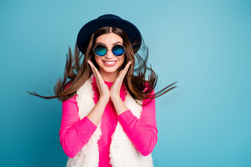 Wall Mural - Close-up portrait of her she nice attractive lovely lovable stunning gorgeous cheerful cheery girl enjoying free time holiday isolated on bright vivid shine vibrant blue turquoise color background