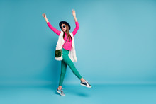 Full Length Body Size View Of Her She Nice-looking Attractive Funky Carefree Cheerful Cheery Girl Dancing Having Fun Isolated On Bright Vivid Shine Vibrant Green Blue Turquoise Color Background