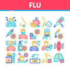 Aufkleber - Flu Symptoms Medical Collection Icons Set Vector Thin Line. Chills And Fever, Cough And Runny Nose, Flu Virus In Lungs And Stomach Concept Linear Pictograms. Color Contour Illustrations