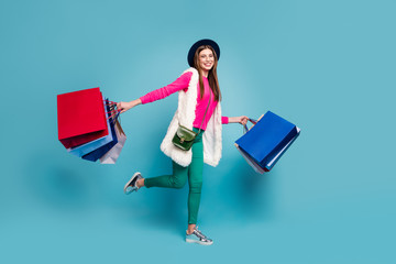 Sticker - Full length body size view of her she nice attractive pretty fashionable cheerful girl carrying buyings having fun isolated on bright vivid shine vibrant green blue turquoise color background