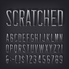 Poster - scratched alphabet font. beveled metallic letters and numbers with shadow. stock vector typescript f