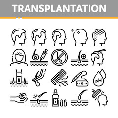 Aufkleber - Hair Transplantation Collection Icons Set Vector Thin Line. Balding And Baldness Man Head, Shampoo And Medicine In Bottle Transplantation Concept Linear Pictograms. Monochrome Contour Illustrations