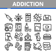 Aufkleber - Addiction Bad Habits Collection Icons Set Vector Thin Line. Alcohol And Drug, Shopping And Gambling, Hemp, Smoking And Junk Food Addiction Concept Linear Pictograms. Monochrome Contour Illustrations