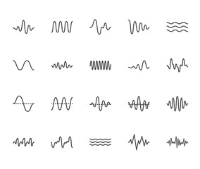sound waves flat line icons set. vibration, soundwave, audio voice signal, abstract waveform frequen